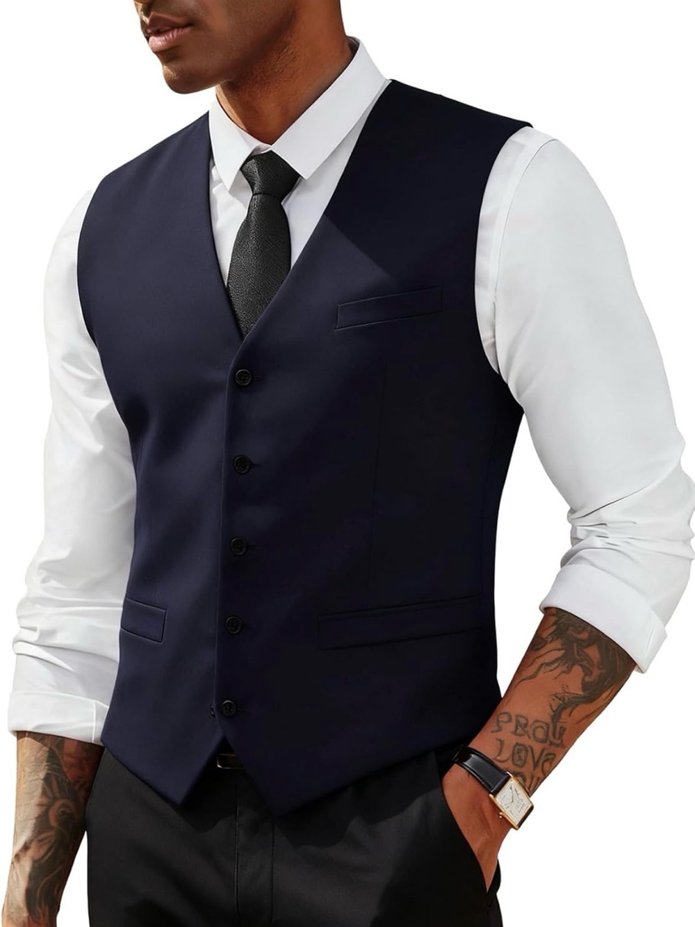 Dark Blue-Men's Suit Vest Dress Business Vests Slim Fit Casual Lightweight